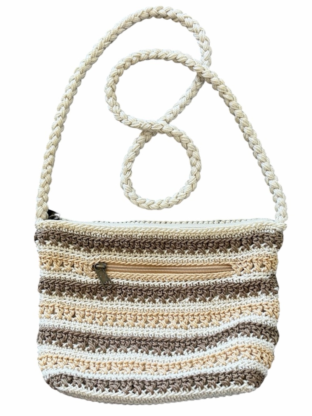 Croft & Barrow Cream and Brown Woven Crossbody Bag 5 x 7 x 7.5”